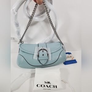 Coach SoHo Bag 25 w/ Straps in Silver/Light Blue Crinkle Patent Leather NWT